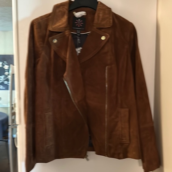 Cognac suede Isaac Mizrahi moto jacket - Picture 1 of 3